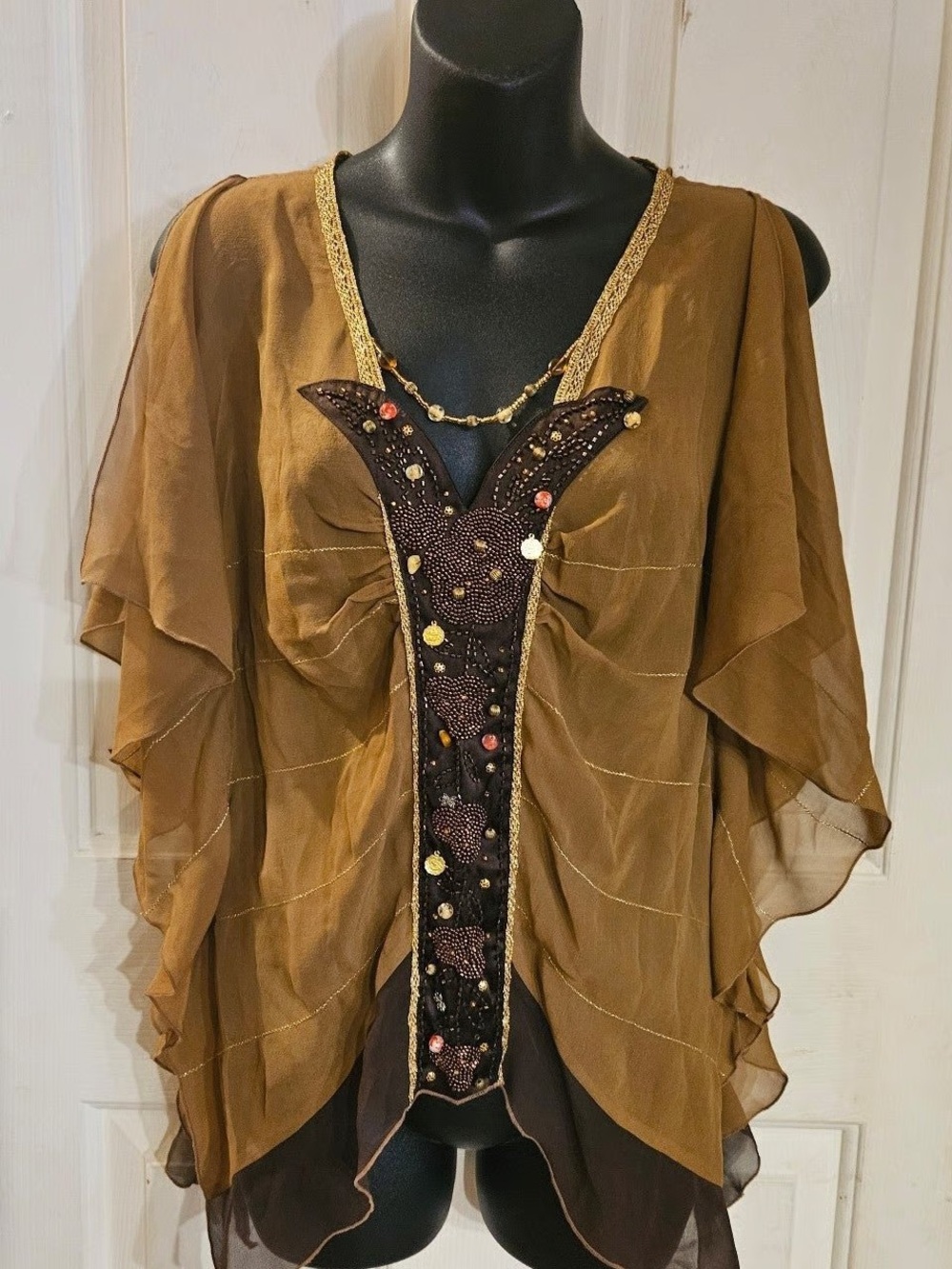 Rare vintage bebe Brown & Dark Brown Beaded Poncho Top
